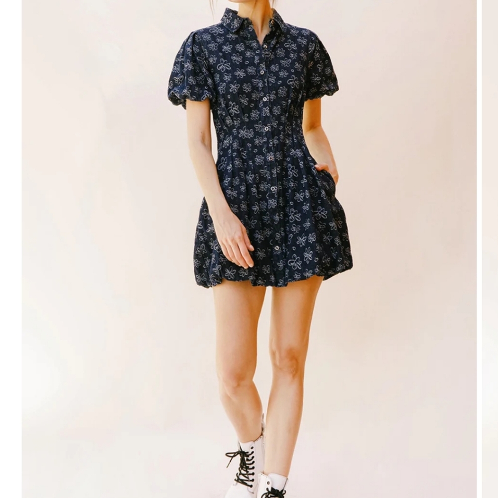 Storia Freya Denim Floral Puff Sleeve Mini Dress Size Large